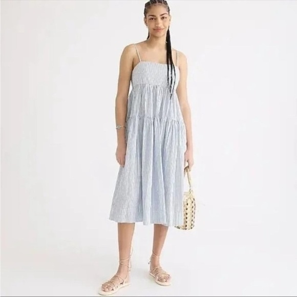 Jcrew Tie Back Tiered Midi Dress Stripes Blue - Picture 1 of 9
